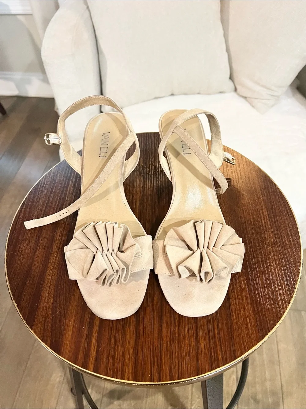 VANELi Beige Nude Suede Ruffle Ankle Strap Kitten Heel Sandals, size 10